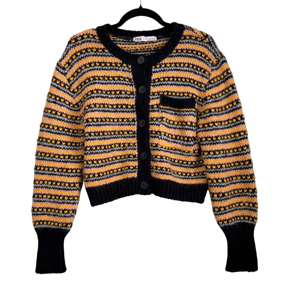 Zara Women Heart Stripe Knit Cardigan Cropped Alpaca Wool Blend Sweater Boho S